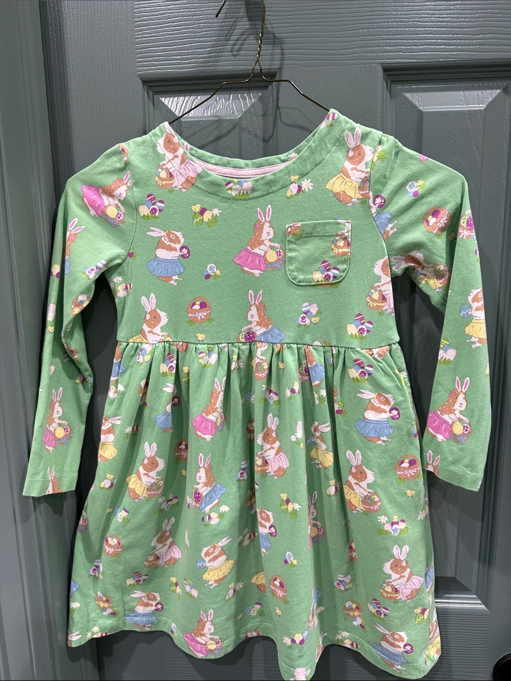 Mini Boden Green Bunny Print Long-Sleeve Dress with Pastel Accents